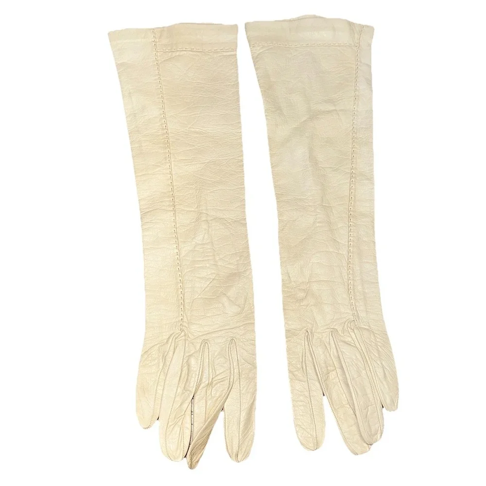Vintage 1950's Christian Dior Lionel Le Grande Ivory Gauntlet Gloves Leather 6.5